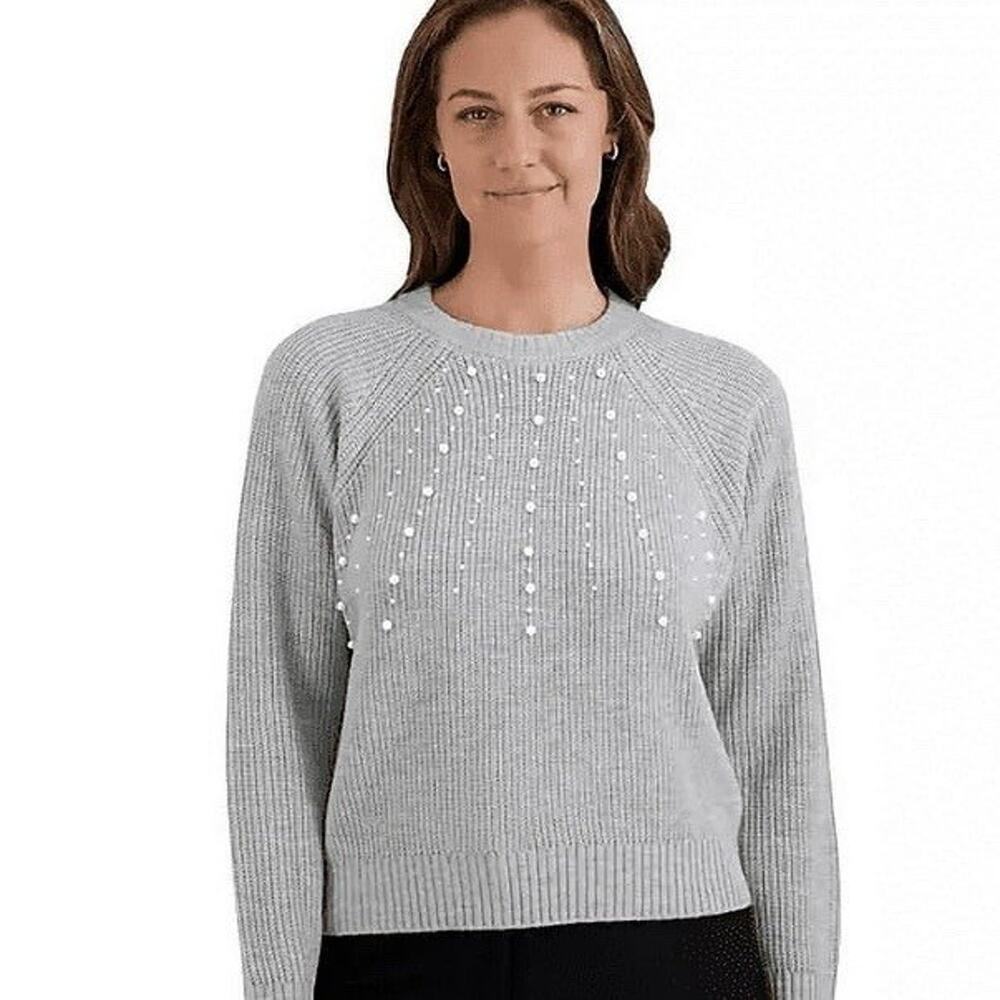 French Connection Women's Embellished Pearl Crewneck Pullover Sweater Gray Large